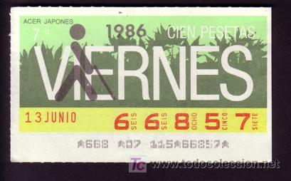 Cupones ONCE: 1CUP&Oacute;N  ** ONCE **  VIERNES **....   13 DE JUNIO 1986 .....66857 - Foto 1