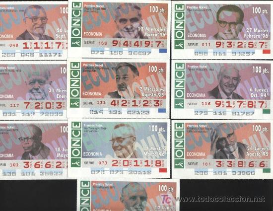 Coupon ONCE: 10 cupones ONCE - &iexcl;&iexcl;&iexcl; premios nobel!!  (econom&iacute;a) Buchanan, Arthur Lewis, P. Samuelson, timbergen...