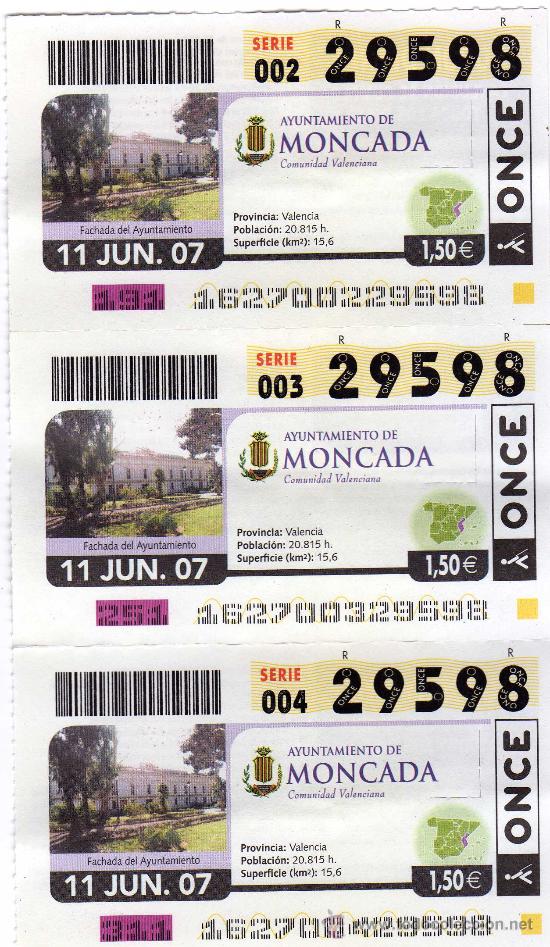 Cupones ONCE: TIRA DE 3 CUPONES ONCE DEL SORTEO DEL 11 DE JUNIO DE 2007 - MONCADA (VALENCIA) - N&ordm; 29598