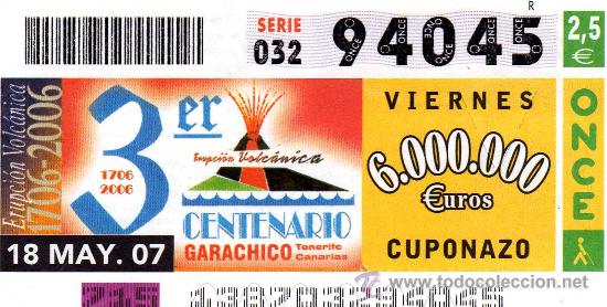 Cupones ONCE: SORTEO DEL 18 DE MAYO DE 2007 - N&ordm; 94045 - TERCER CENTENARIO DE LA ERUPCI&Oacute;N VOLC&Aacute;NICA DEL GARACHICO