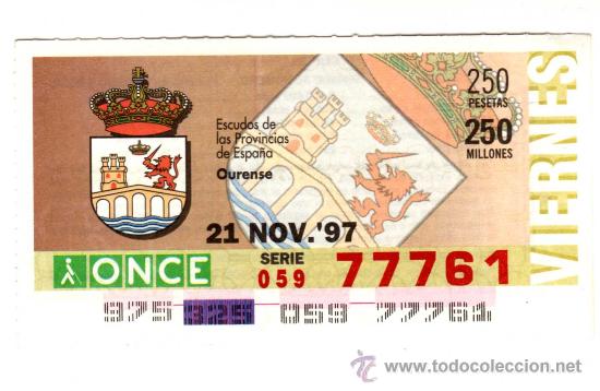 Cupones ONCE: ESCUDO DE OURENSE (Sorteo Once del 21 de noviembre de 1997 / N&ordm; 77.761)