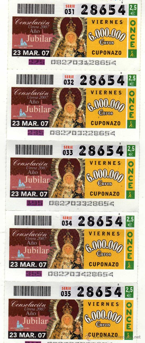 Cupones ONCE: TIRA DE 5 DEL N&ordm; 28654 EMITIDO EL 23 DE MARZO DE 2007 - A&Ntilde;O CONSOLACI&Oacute;N JUBILAR UTRERA 2007 -