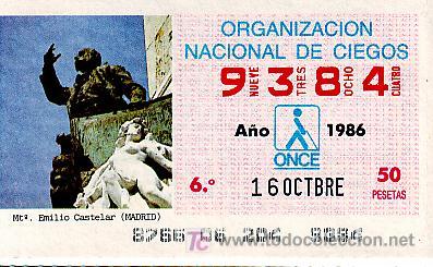 Cupones ONCE: Espa&ntilde;a. ONCE. 1986. Monumento Emilio Castelar (Madrid). Fecha: 16 Oct
