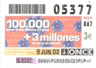 Cupones ONCE: ONCE - EXTRA SUPER CUPON FIN DE SEMANA - 9 JUN 02 - 05377