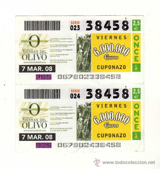 Cupones ONCE: TIERRAS DEL OLIVO (2 Cupones del N&ordm; 38458 para el sorteo de la Once del 7 de Marzo de 2008)
