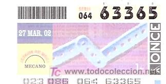 Cupones ONCE: ONCE - JUEGOS DE MESA - MECANO - 27 MAR 02 - 63365