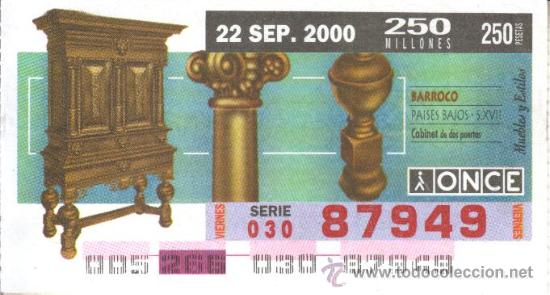 Cupones ONCE: CUP&Oacute;N ONCE - 22 SEPTIEMBRE 2000 - MUEBLES Y ESTILOS, CABINET DOS PUERTAS, BARROCO, PA&Iacute;SES BAJOS XVII