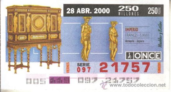 Cupones ONCE: CUP&Oacute;N ONCE - 28 ABRIL 2000 - MUEBLES Y ESTILOS, ARMARIO JOYERO, IMPERIO FRANC&Eacute;S, SIGLO XVIII.