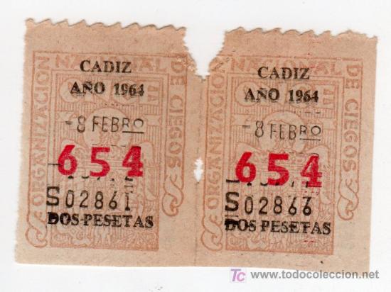 Cupones ONCE: DOS CUPONES DE LA ONCE CADIZ A&Ntilde;O 1964 - Foto 1