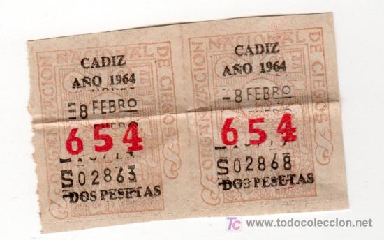 Cupones ONCE: DOS CUPONES DE LA ONCE CADIZ A&Ntilde;O 1964 - Foto 1