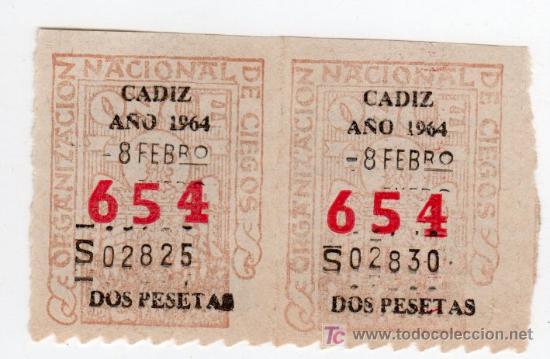 Cupones ONCE: DOS CUPONES DE LA ONCE CADIZ A&Ntilde;O 1964 - Foto 1