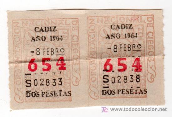 Cupones ONCE: DOS CUPONES DE LA ONCE CADIZ A&Ntilde;O 1964 - Foto 1