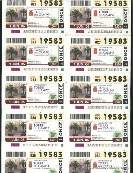 Coupon ONCE: hoja de 10 cupones ONCE - Torre del Campo ( Ja&eacute;n )