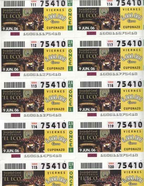 Coupon ONCE: hoja de 10 cupones ONCE - Sociedad Coral Polif&oacute;nica &rdquo; El Eco &rdquo; ( A Coru&ntilde;a )