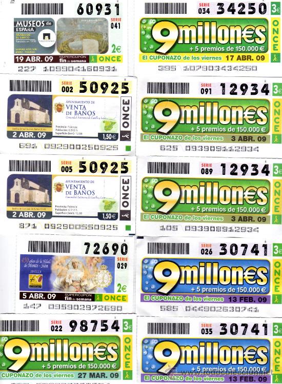 Cupones ONCE: LOTE DE DIEZ CUPONES DE LA ONCE A&Ntilde;O DE 2009 - Foto 1