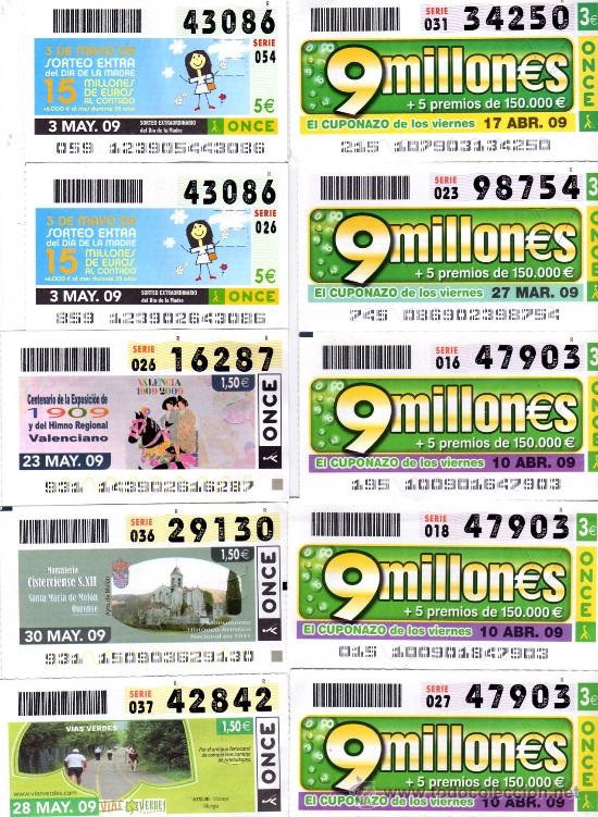 Cupones ONCE: LOTE DE DIEZ CUPONES DE LA ONCE A&Ntilde;O DE 2009 - Foto 1