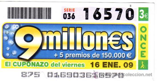Cupones ONCE: CUPON DE LA ONCE A&Ntilde;O 2008 16 DE ENERO 9 MILLONES - Foto 1