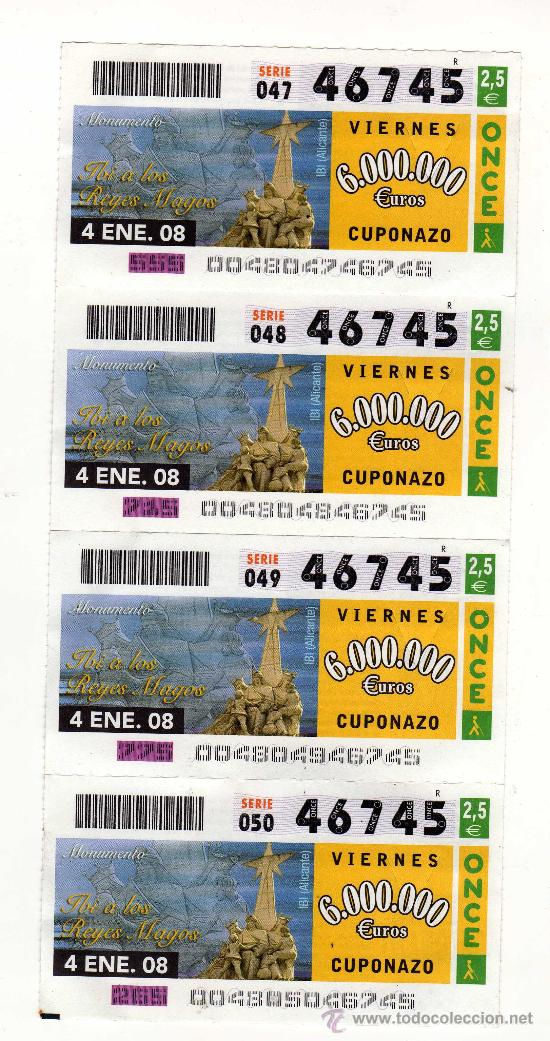Cupones ONCE: 4 CUPONES N&ordm;46745 (4 ENERO 2008 &middot; MONUMENTO DE IBI A LOS REYES MAGOS {ALICANTE})