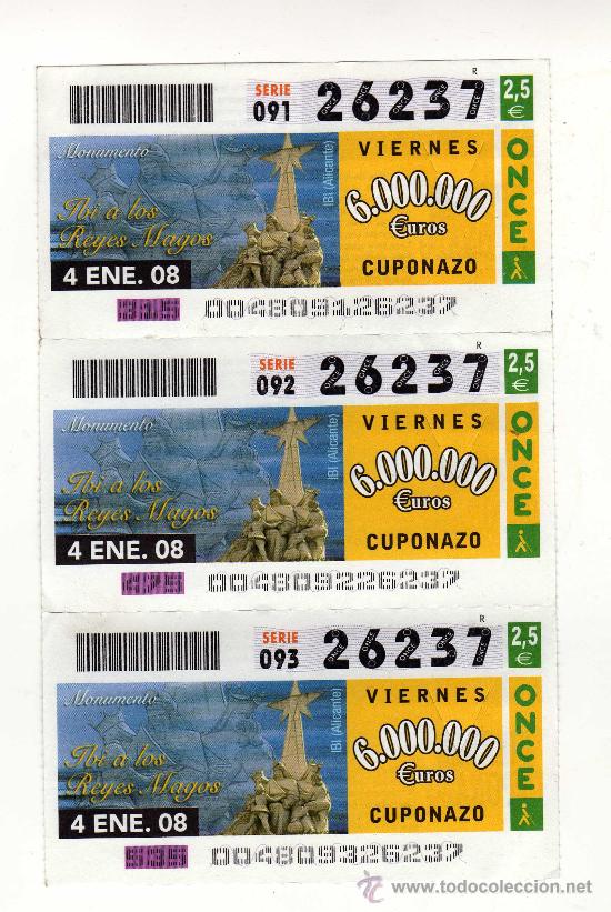 Cupones ONCE: 3 CUPONES N&ordm;26237 (4 ENERO 2008 &middot; MONUMENTO DE IBI A LOS REYES MAGOS {ALICANTE})