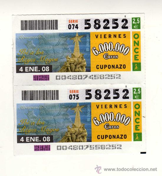 Cupones ONCE: 2 CUPONES DEL N&ordm; 58252 (4 ENERO 2008 &middot; MONUMENTO DE IBI A LOS REYES MAGOS {ALICANTE})