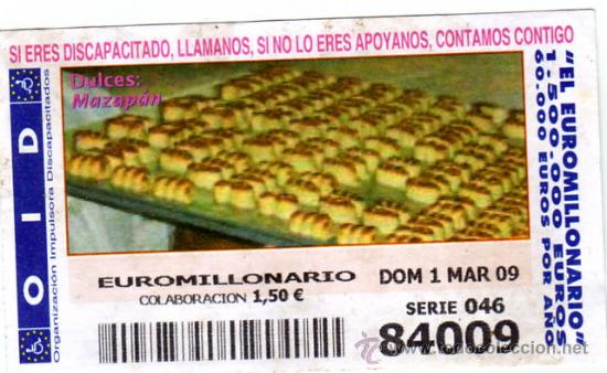 Cupones ONCE: CUPON OID A&Ntilde;O 2009 MARZO DIA 1 DULCES PASTEL - Foto 1