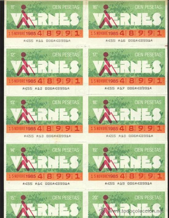 ONCE Coupons: cupones ONCE - hoja 10 cupones de los viernes ( 15-11-85 )
