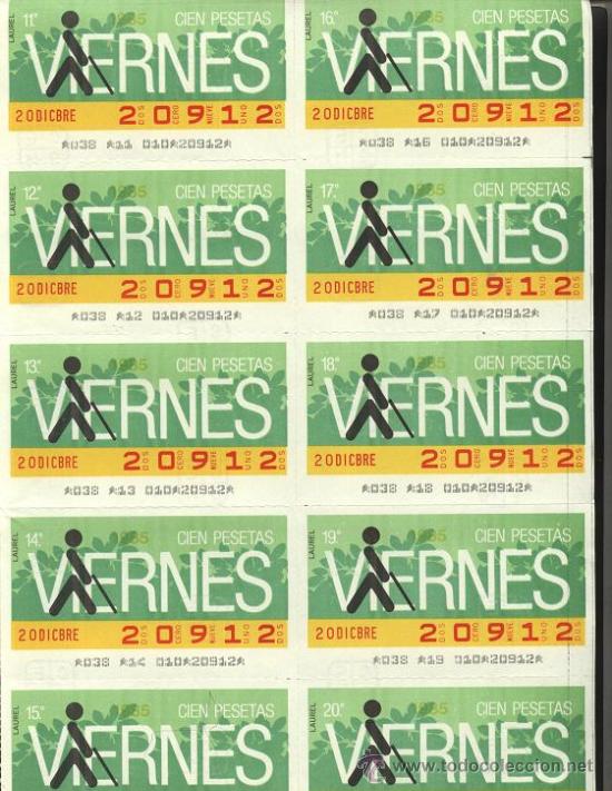 ONCE Coupons: cupones ONCE - hoja 10 cupones de los viernes ( 20 de diciembre de 1985 )