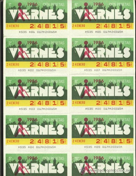 Coupon ONCE: cupones ONCE - hoja 10 cupones de los viernes ( 24-01-86 )