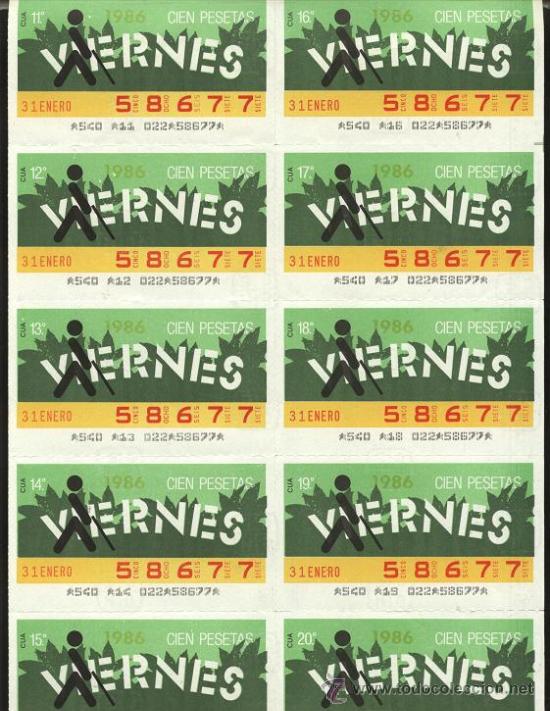 ONCE Coupons: cupones ONCE - hoja 10 cupones de los viernes ( 31-01-86 )