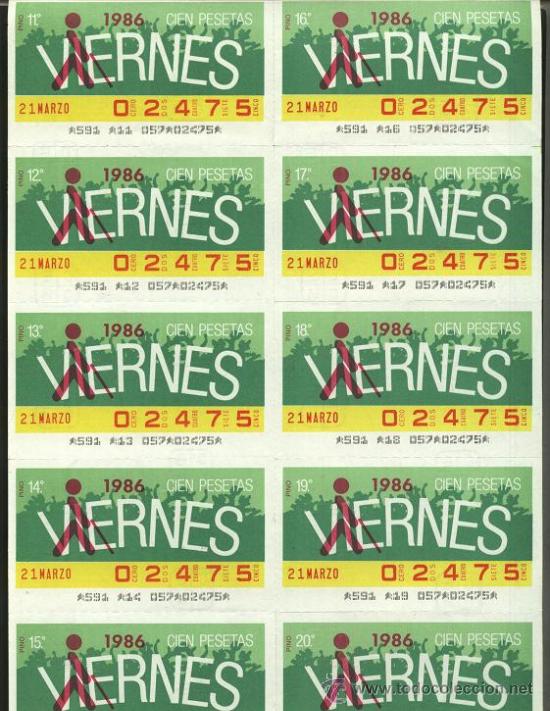 ONCE Coupons: cupones ONCE - hoja 10 cupones de los viernes ( 21-03-86 )