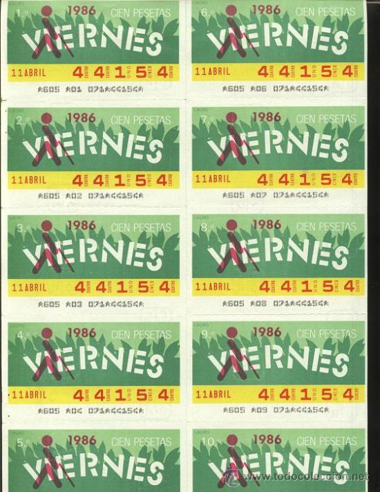 ONCE Coupons: cupones ONCE - hoja 10 cupones de los viernes ( 11-04-86 )
