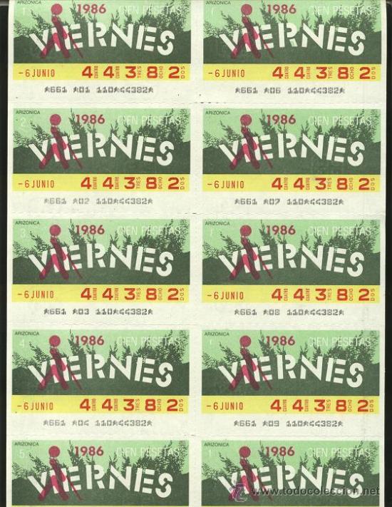 ONCE Coupons: cupones ONCE - hoja 10 cupones de los viernes ( 06-06-86 )