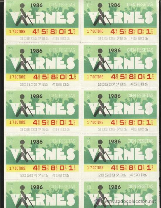 Coupon ONCE: cupones ONCE - hoja 10 cupones de los viernes ( 17-10-86 )