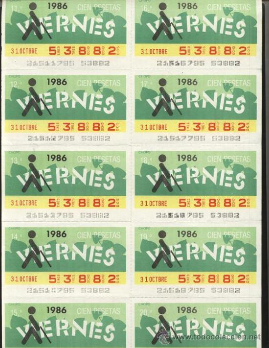 ONCE Coupons: cupones ONCE - hoja 10 cupones de los viernes ( 31-10-86 )