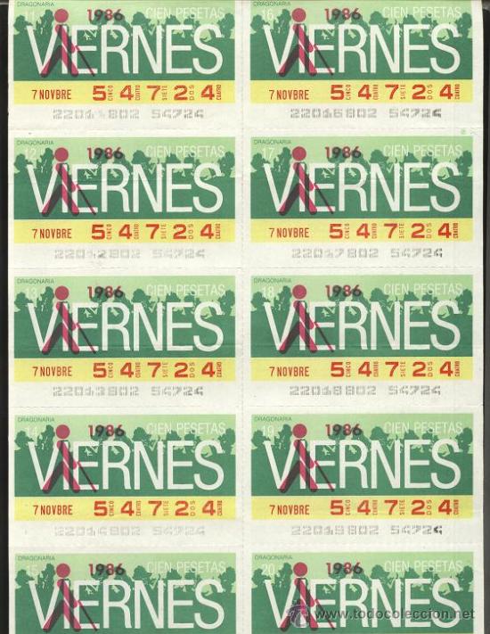ONCE Coupons: cupones ONCE - hoja 10 cupones de los viernes ( 07-11-86 )