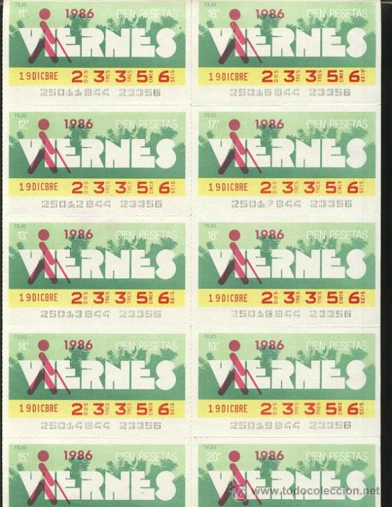 ONCE Coupons: cupones ONCE - hoja 10 cupones de los viernes ( 19-12-86 )