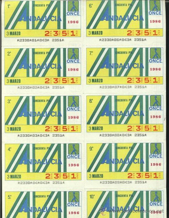 ONCE Coupons: cupones ONCE - hoja 10 cupones ( 31-03-86 ) Comunidad, ANDALUC&Iacute;A