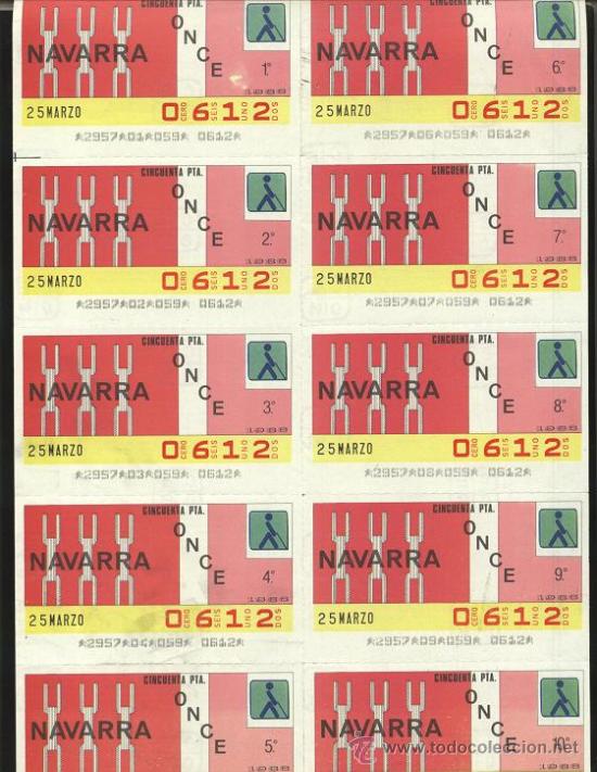 ONCE Coupons: cupones ONCE - hoja 10 cupones ( 25-03-86 ) Comunidad, NAVARRA