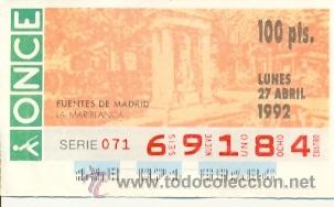 Cupones ONCE: 8-270492. Cup&oacute;n Once de 27 de abril de 1992. Fuentes de Madrid. La Mariblanca