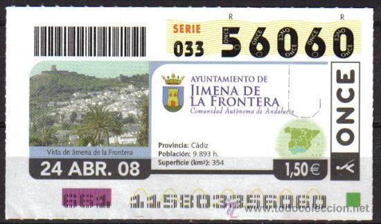 Coupon ONCE: CUPON ONCE 56060 24/04/08 VISTA DE JIMENA DE LA FRONTERA CADIZ