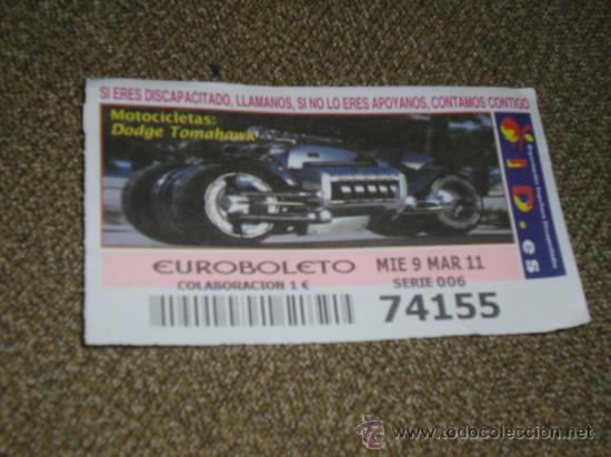 Cupones ONCE: CUPON OID A&Ntilde;O 2011 MES DE MARZO DIA 9 DODGE TOMAHAWK - Foto 1
