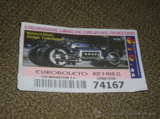 Cupones ONCE: CUPON OID A&Ntilde;O 2011 MES DE MARZO DIA 9 DODGE TOMAHAWK - Foto 1