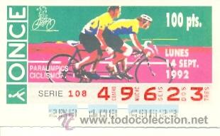 Cupones ONCE: 8-140992. Cup&oacute;n Once 14-9-92. Paralimpics. Ciclismo