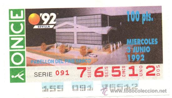 Cupones ONCE: CUP&Oacute;N DE LOTER&Iacute;A DEL SORTEO DE LA O.N.C.E. DEL D&Iacute;A 3 DE JUNIO DE 1992 - Foto 1