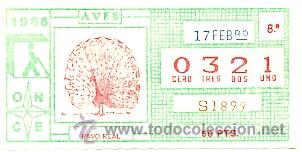 Cupones ONCE: 8-170286. Cup&oacute;n Once. 17 de febrero de 1986. Aves. Pavo Real