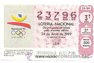 Cupones ONCE: lotnac25-89. Loteria Nacional, sorteo n&ordm; 25 de 1989. Emblema de Barcelona 92