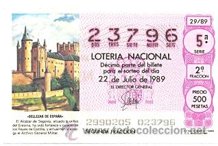 Cupones ONCE: lotnac29-89. Loteria Nacional, sorteo n&ordm; 29 de 1989. El Alcazar de Segovia