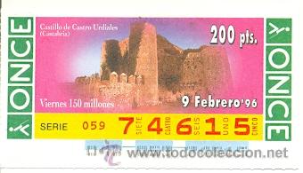 Cupones ONCE: 8-960209. Cup&oacute;n Once de 9 de febrero de 1996. Viernes. Castillo de Castro Urdiales