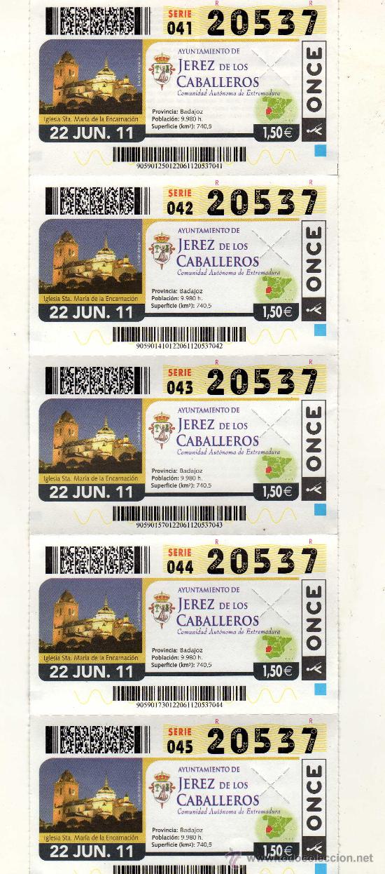 Cupones ONCE: TIRA DE 5 CUPONES DEL SORTEO DEL 22 DE JUNIO DE 2011 &middot; JEREZ DE LOS CABALLEROS (BADAJOZ)