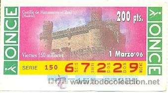 Cupones ONCE: 8-960301. Cup&oacute;n Once de 1-3-96. Castillo de Mnazanares el Real. Madrid